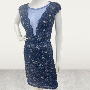 Jovani Blue Jeweled & Beaded Plunge Neckline Short Dress